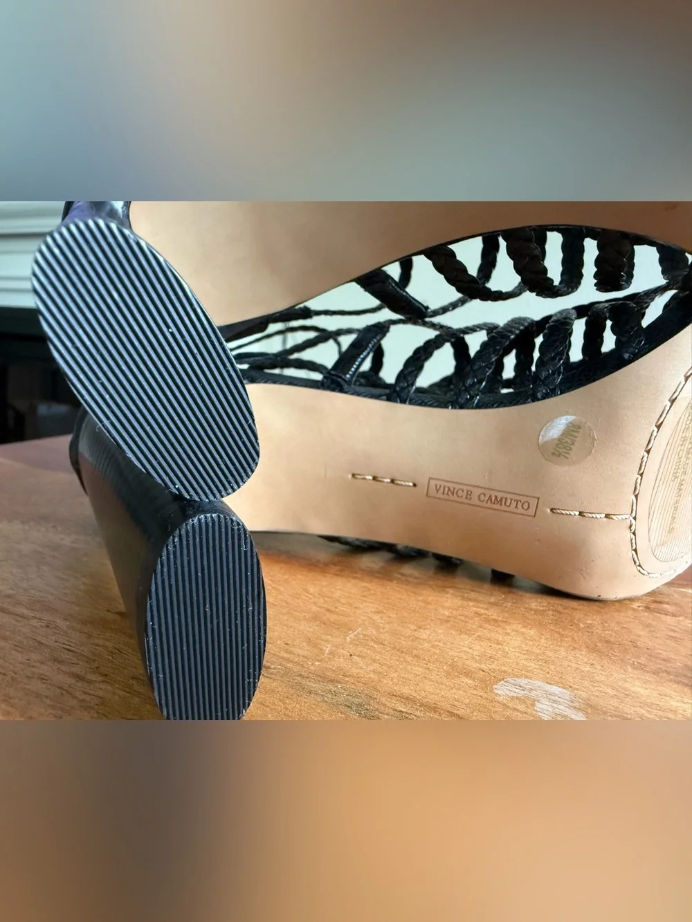 Vince Camuto Black Woven Strappy Block Heel Sandals Size 8